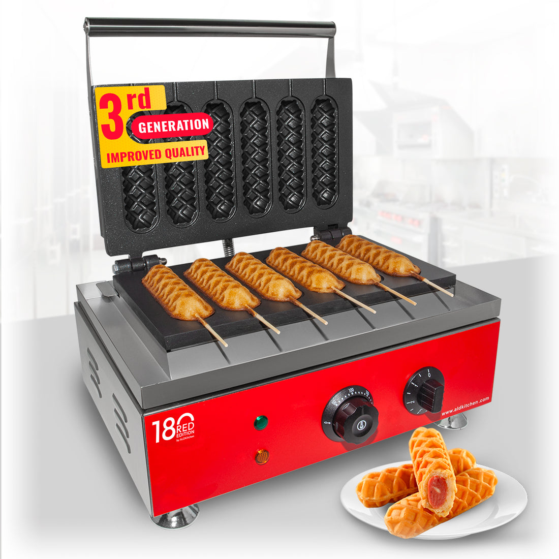 AR-EG6X Hotdog Waffle Maker | Iron de gofres de perros de maíz | Acero inoxidable | 6 waffles en un palo | 110V