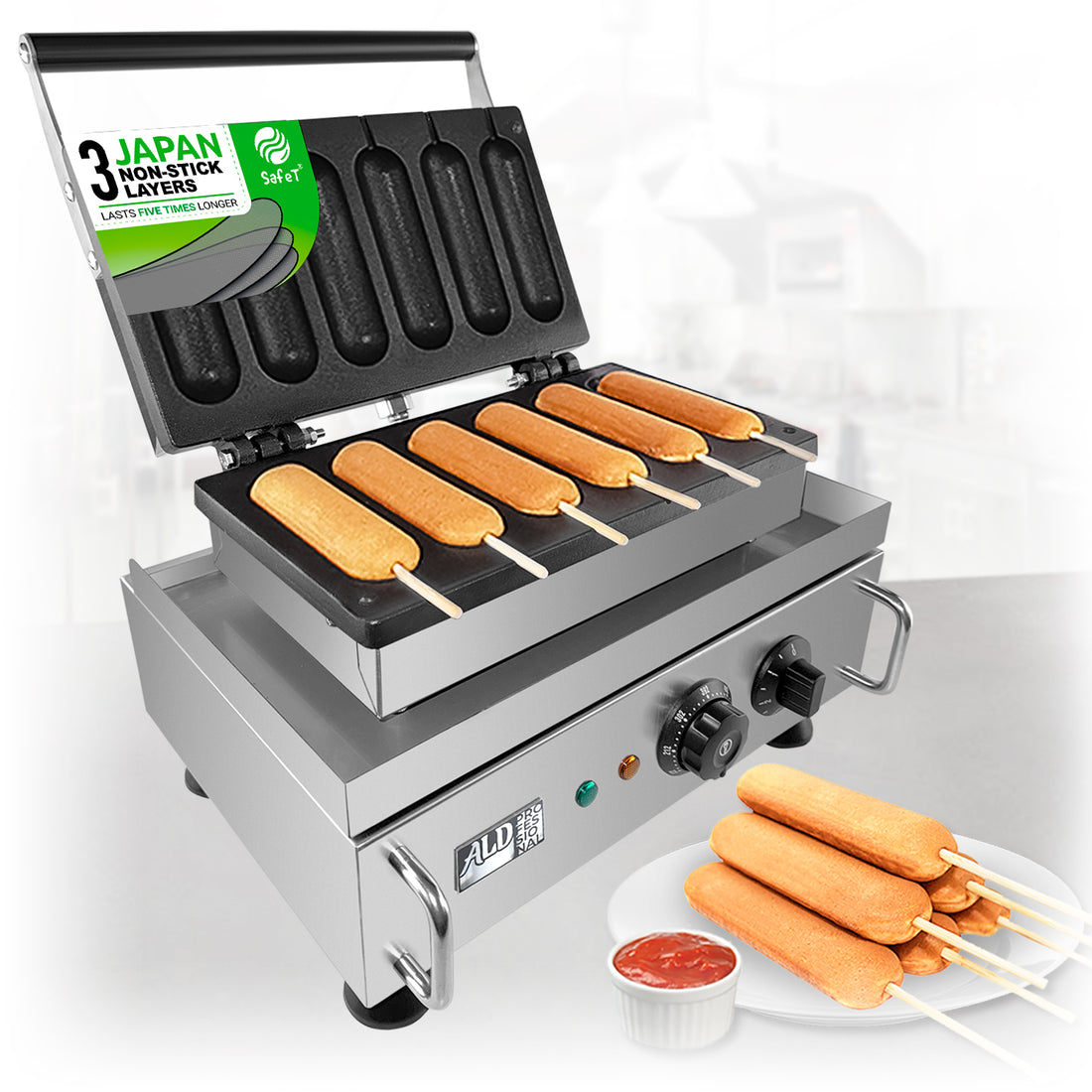 AP-530 Commercial Corn Dog Waffle Maker | 6 Cavities | Plain Corn Dog Waffles | 23 lb | 110V